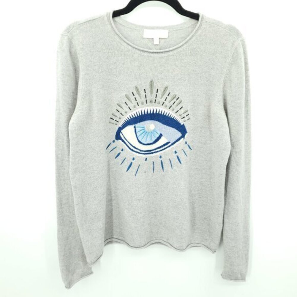 Lisa Todd 100% Cashmere Embroidered Evil Eye Rolled Hem Sweater M Gray/Blue